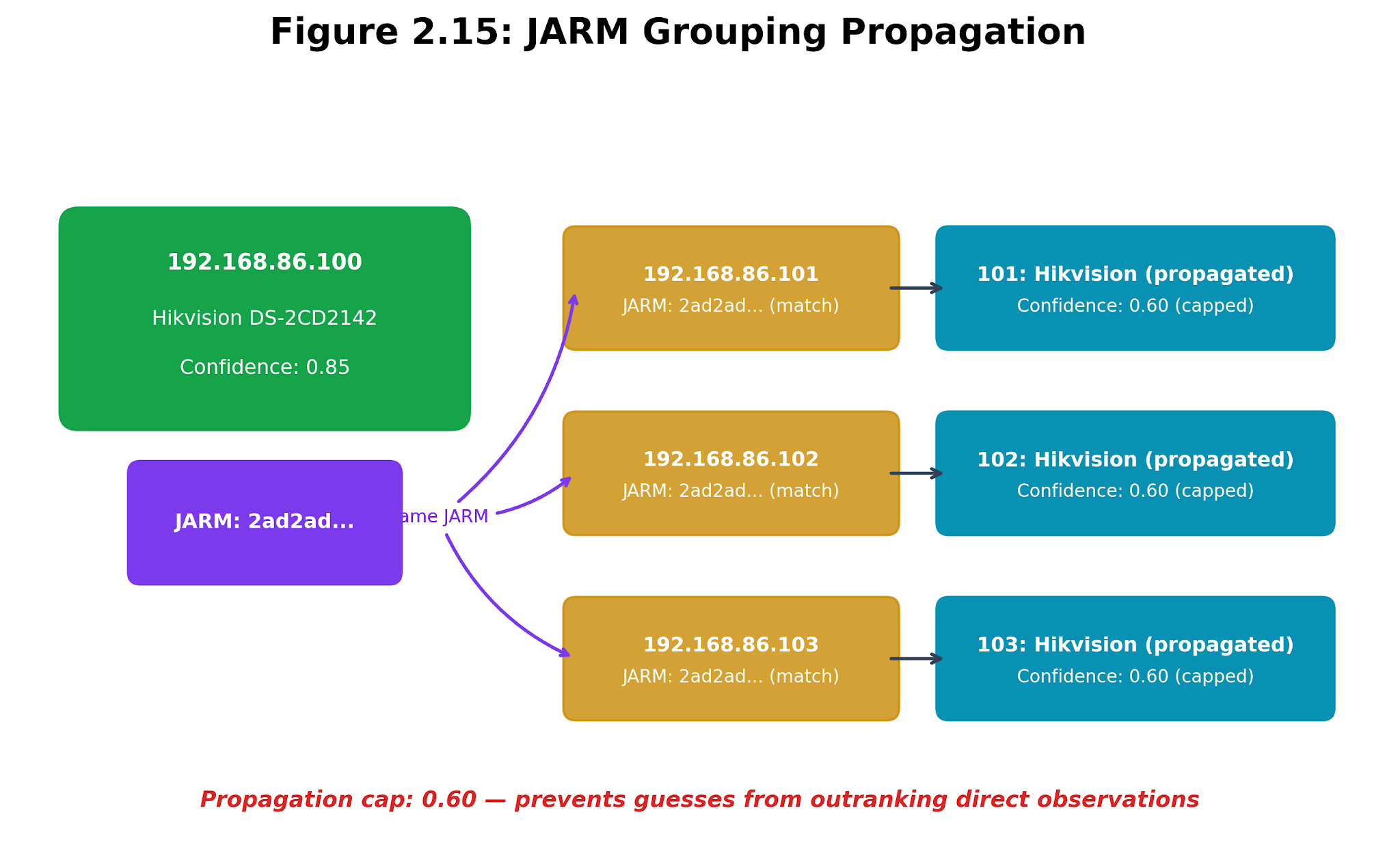 Figure 2.10. JARM grouping. One strongly identified TLS host can lend a capped hypothesis to unidentified peers with the same TLS behavior.