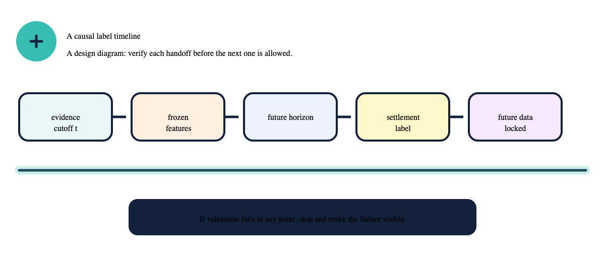 Timeline from evidence cutoff through frozen features, horizon, settlement label, and a lock on future data.