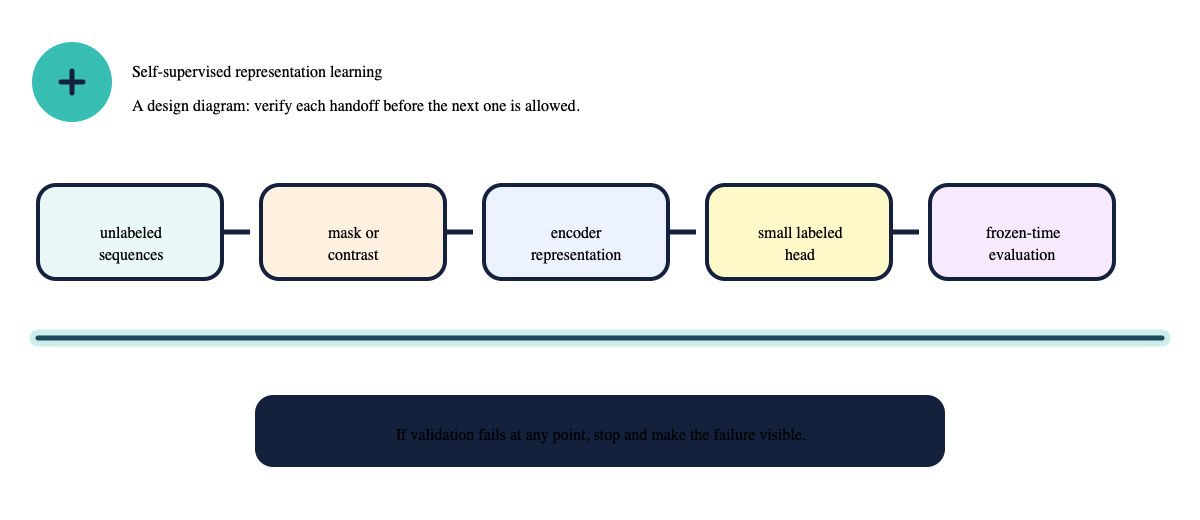 Unlabeled sequences move through a mask or contrast objective into an encoder representation, labeled head, and time-frozen evaluation.