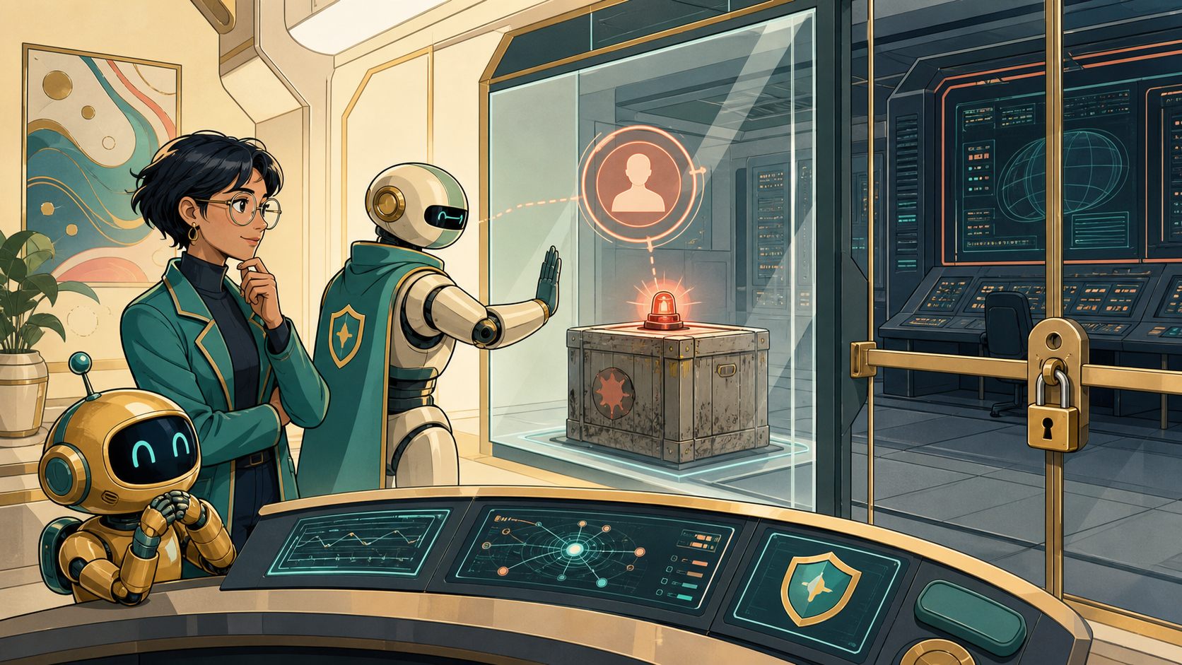 A guardian quarantines stale data and escalates it to Rhea and Orbit while a separately locked execution console remains unreachable.